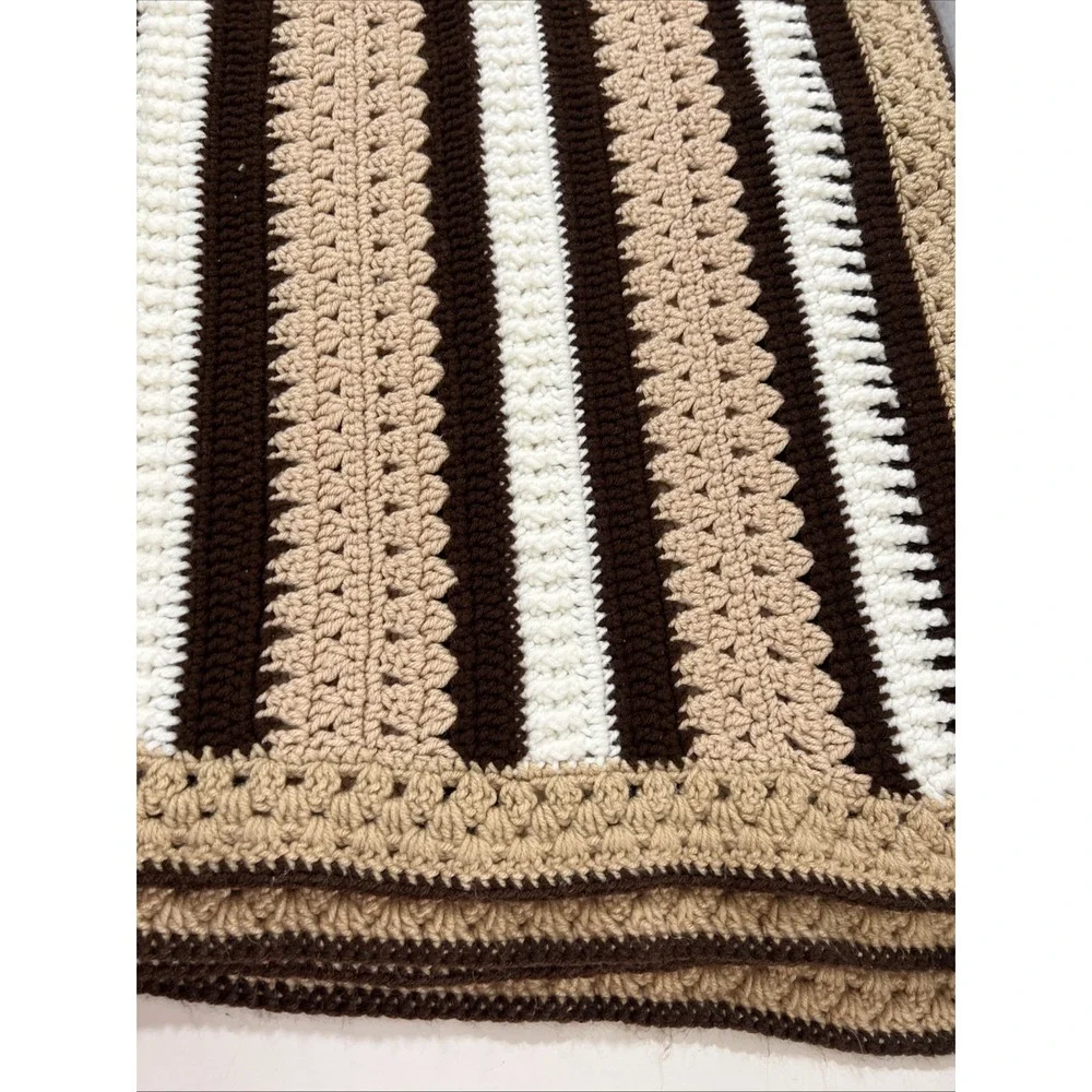 VTG Handmade Crochet Blanket Afghan 70 X 52 Brown/Cream/White Cottagecore Granny